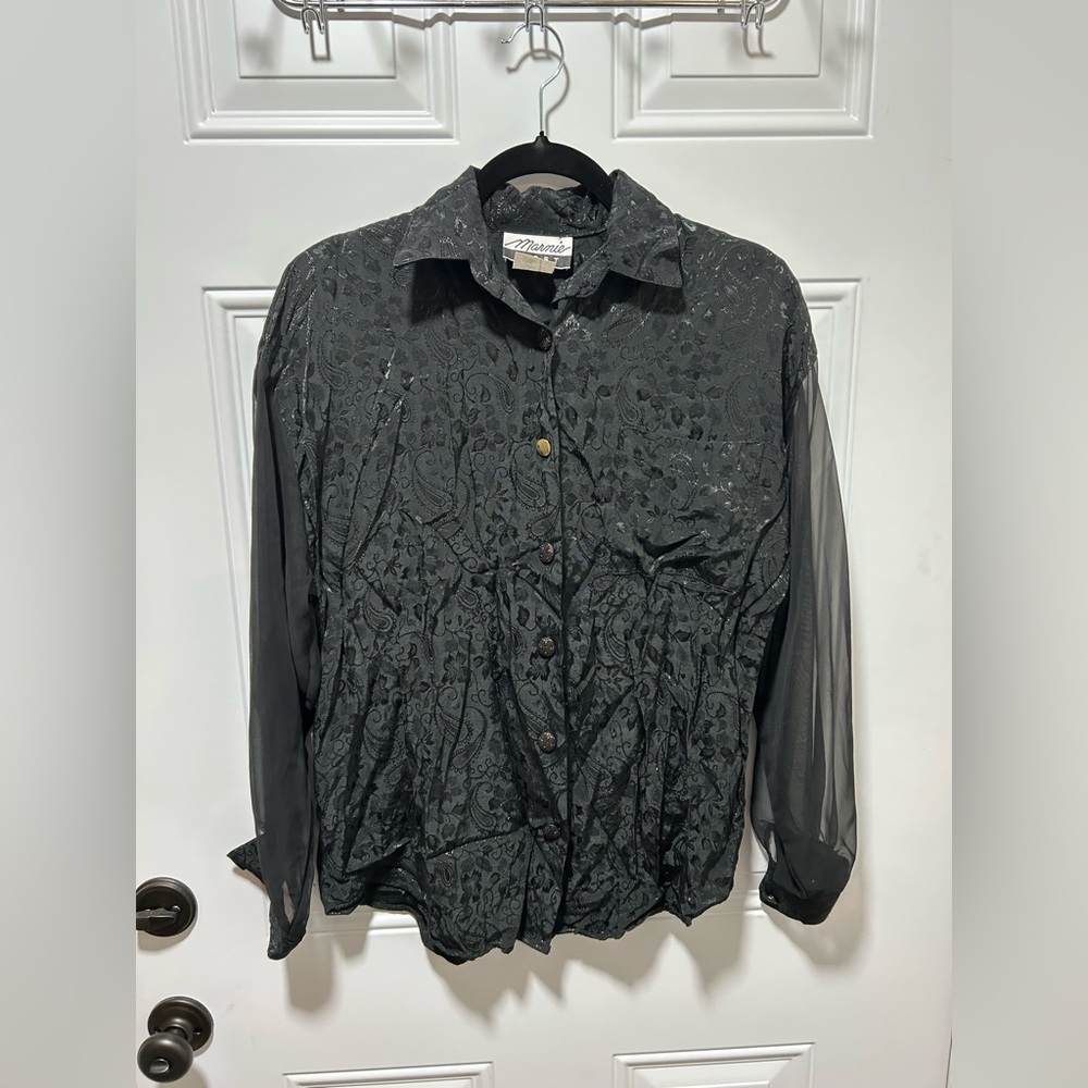 Vintage Shiny Floral Sheer Sleeve Blouse